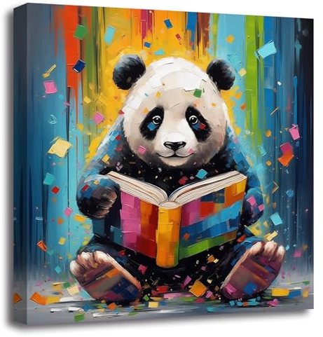 ZXHYWYM Panda Bilder niedlicher Panda Lesebuch Poster Drucke abstraktes buntes Tier Leinwandbild lustige Kunstwerke für Kinderzimmer Kinderzimmer Klassenzimmer Dekor (Bild-2, (30.00 x 30.00 cms))