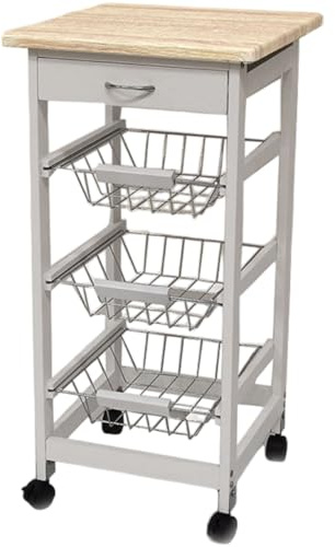 COSE DA CASA Carrello frutta verdura Bianco 3 cestini 1 cassetto piano di lavoro legno 4 ruote per facilitare lo spostamento h76x37x37
