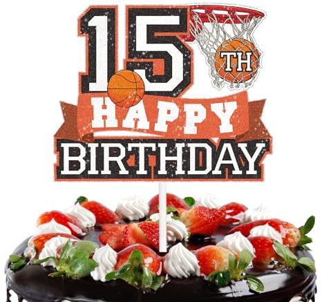 Basketball Cake Topper Sports 15th Happy Birthday Cake Topper Themed Cake Decorations for Love Sport Fifteen Years Old Birthday Party Supplies