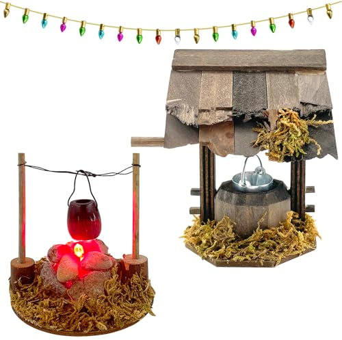 Lets Joy Miniatur Zubehör, Miniatur Picknick Zubehör, Miniatur Lagerfeuer mit LED, Mini Puppenhaus Zubehör, Miniatur Brunnen mit Beweglichen Eimer, Weihnachten Dekorative Ornamente, Puppenhaus Set