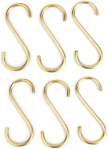 Jeayean 6-Piece Brass S-Shaped Hooks, Gold, Modern, Kitchen, Closet
