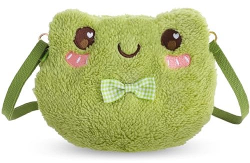 Qianyu Grüne Frosch-Umhängetasche Süßer Plüsch-Geldbörsen-Rucksack Schultertasche mit Reißverschluss Tragbare Cartoon Tasche mit Kettenriemen für Damen Frauen Outdoor Reisen Alltag