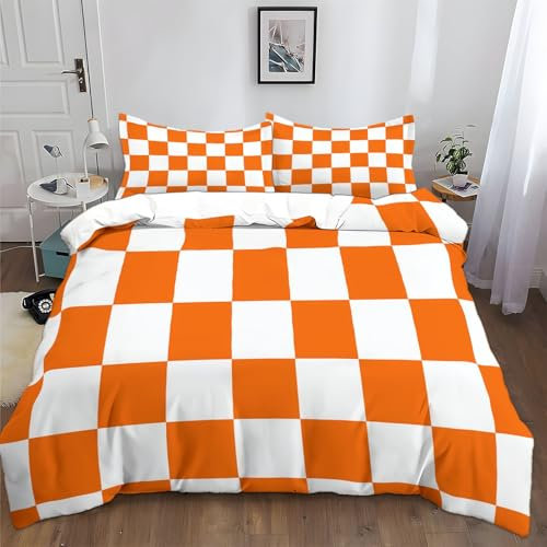 Bettwäsche 135x200 cm Geometrisch Kariertes Orange Orange Farbe Bettwäsche-Sets Polyester Baumwolle Bettbezug 3 Teilig, Atmungsaktiv Bettwäsche Set mit Reißverschluss and 2 Kissenbezüge