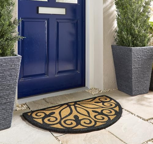 Printed Coir Door Mat for Home Entrance Indoor and Outdoor, Patio, Balcony Non-Slip Durable Natural Coconut Fiber Doormat in 45x75 cm Scroll Semi Circle