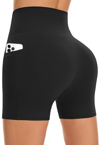 FuelMeFoot Radlerhose Damen Kurze Sporthose High Waist Shorts Leggings Unterhosen Sommer Leggins Fitness Hotpants Gym Bike. A01-Schwarz mit Taschen L/XL