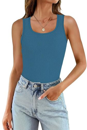 WIHOLL Tank Top Damen Tshirt Blusen Tuniken Für Damen Sommer Tunika Shapewear Elegant ärmellose träger-Tops 2025 Blau L