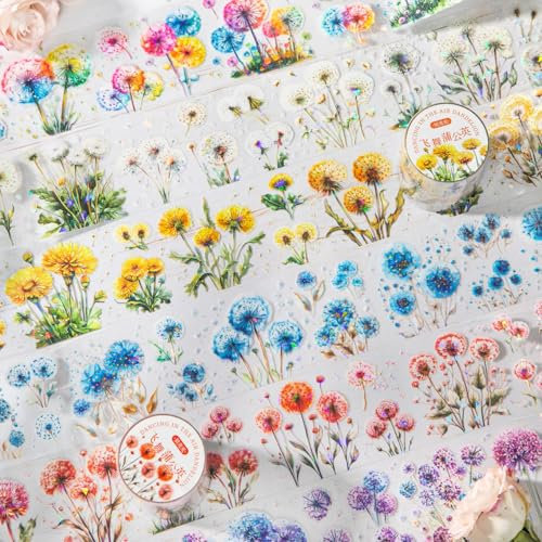 Scrapbooking Zubehör Stickers Set,6 Rolls Dandelions Themed PET Washi Tape Aesthetic Stickers,Decorative for Bullet Journal Zubehör,Journaling,Photo Album,Mobile Phone,DIY Crafts(Dancing Dandelions)