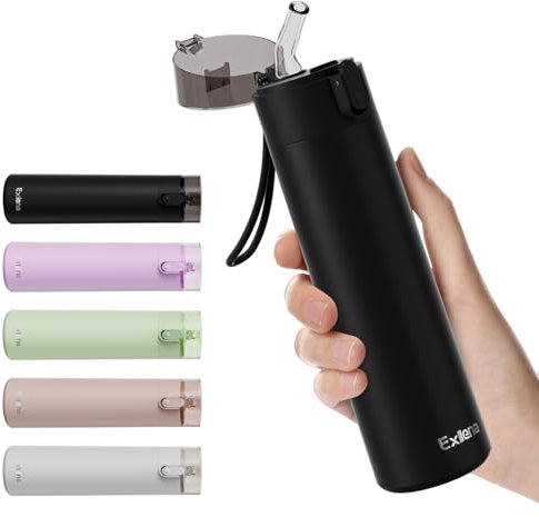 Exllena Petite Gourde Isotherme 270ml avec Paille à Ouverture Une Main, Mini Bouteille Isotherme Anti-Fuites & Design Ultra-Compact, Idéale pour le Sport, Bureau ou En Voiture(Noire)
