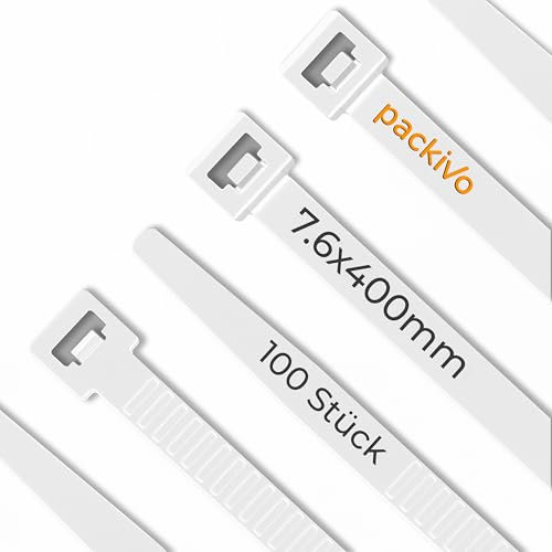 Lot de 100 serre-câbles blancs - 400 mm x 7,6 mm - Résistance à la traction - 40 kg - Résistants à la chaleur - Pour la gestion des câbles, le jardinage, les ateliers, l'atelier automobile, la