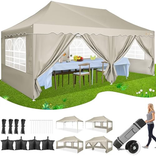 HOTEEL Faltpavillon 3x6 Pavillon Wasserdicht Stabil Partyzelt Faltbar, Faltzelt Mit 6 Seitenwänden & Rolltasche & 4 Sandsäcken, Einfacher Aufbau für Hochzeiten, Gewerbe, Partys, UV50+ Schutz, Khaki