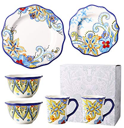 SGKOMN Juego de 6 exquisitas Piezas de vajilla de cerámica Impresa y Pintada a Mano, Platos, Cuencos, Porcelana Colorida, Regalos de inauguración de la casa C