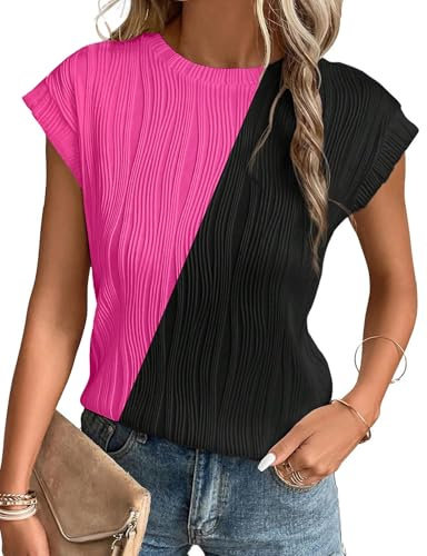Gemulate Short Sleeve Knit Blouses Cute Summer Tops for Women Casual cerwneck tee Shirts Ladies Knit Solid Clothes Hot Pink Black XS