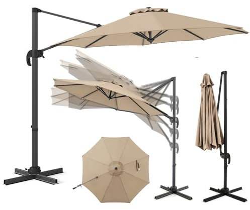 RELAX4LIFE Parasol Déporté 3x3M Rotatif à 360° avec 5 Angles d’Inclinaison Réglables, Parasol de Jardin Extérieur Inclinable avec 8 Baleines pour Jardin Plage Piscine (base croisée,Beige)