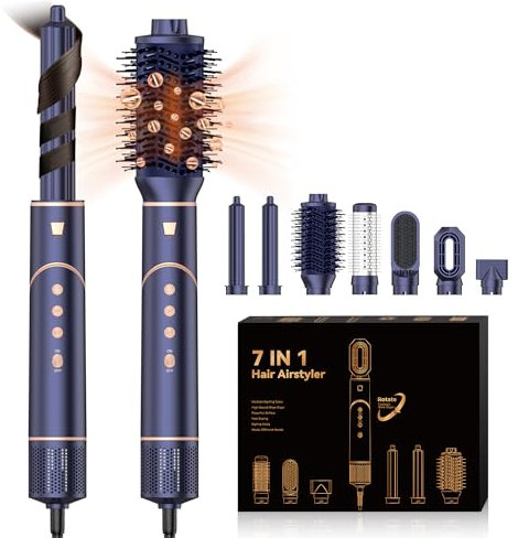 7 en 1 Cepillo de Aire Caliente & Air Styler [110,000 RPM] Secador de Pelo Ionico Alta Velocidad con 2 Aire Auto Cilindros Rizadores Voluminizador Cepillo Redondo Alisador Moldeador Pelo, Azul-zafiro