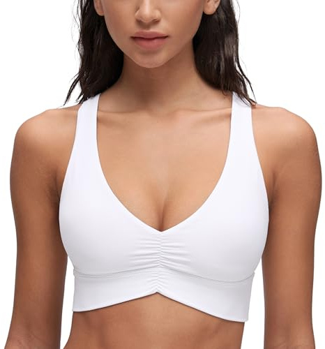 CRZ YOGA Butterluxe V-Ausschnitt Raffung Sport BHS | Leichter Halt, Herausnehmbare Pads, Yoga, Extrem Weich, Überkreuzter Rücken, Breite Träger, für Damen