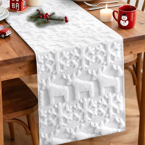 Artscope Schneeflocken und Elch Weicher Plüsch Kurzer Wollsamt Weihnachten Tischläufer, Saisonnal Winter Küche Tisch Dekoration Drinnen Urlaub Party Dekor 40x100 cm (Reines Weiß)