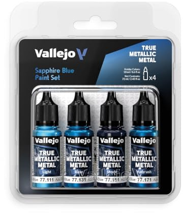 Vallejo True Metallic Metal Set Peinture Acrylique Bleu Saphir, 4 x 18 ml avec Compte-Gouttes pour Aérographe et Pinceau, Modélisme et Figurines