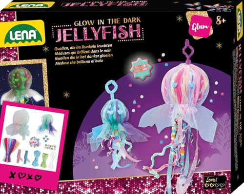 Lena Jellyfish Glow in the Dark - Glitzer Bastelset mit Leuchteffekt, Komplettset mit Pfeifenputzer & Tüll, DIY-Nachtlicht für Mädchen, Bastelsets für Kinder ab 8 Jahr