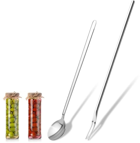 2 Pcs Pickle Fork Tool Set, 7.5 Inch Spoon and 8.6 Inch Pickle Fork with Long Handle, Stainless Steel Spoon and Forks Set for The Jar Olives Pickles Onion Cucumber