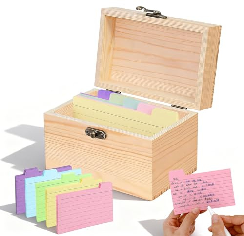 Karteikarten Box Holz, 15 X 10 X 10.5 cm Vokabeln Karteikarten Box Inklusive 50 Karteikarte Vokabelbox mit Deckel für Lernkarten Visitenkarten Notizen Karten