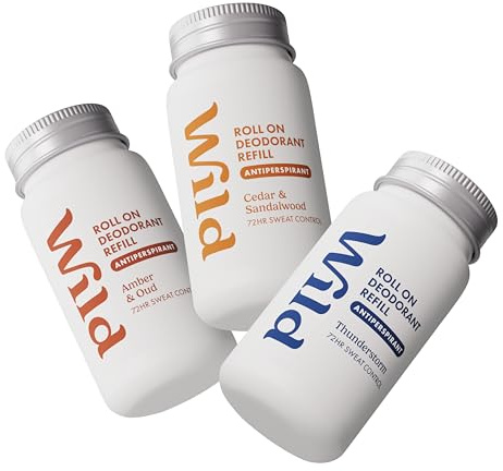 Wild Antiperspirant Deodorant Herren Nachfüll‑Multipack – 72‑Stunden‑Schutz vor Körpergeruch & Schweiß – 90 % natürliche, vegane Inhaltsstoffe – Amber & Oud, Thunderstorm, Cedar & Sandalwood