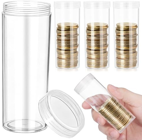Münzaufbewahrungsröhren 6 Stück aus ABS, Transparent, Rund | Rohr mit Deckel, für Sammelstücke und Zahlungsvorgänge, Kompakte Aufbewahrung, Tragbar