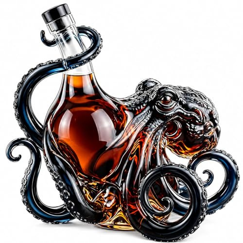 3D Oktopus Dekoflasche 350 ml – Dekorativer Glas Dekanter mit Deckel, Nautisches Design im Tiefsee Stil, Flasche für Whisky, Wein & Spirituosen, Sammlerstück für Hausbar