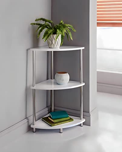 Norsk White Finish 3 Tier Corner Storage Shelves Unit Stainless Steel Legs