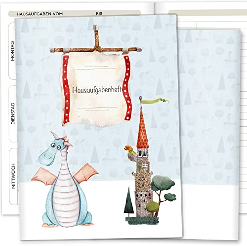 OLGS Hausaufgabenheft Hülle Ritter und Drachen inkl. Heft Schulheft Schutzhülle Umschlag Geschenkidee Einschulung Grundschule (ohne Personalisierung, Drache Titus)