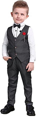 Nwada Kleinkind Junge 4 Stück Gentleman Anzug Langarmhemd + Hose + Weste + Brosche Herbst Junge Kleidung Sets Grau 4-5 Jahre