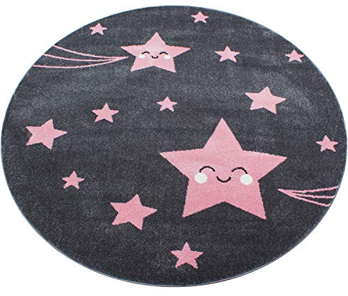 BRAVICH Kinderteppich, Blau/Pink/Grau, Pastellfarben, superweich, dick, antiallergisch, Kinderzimmer-Teppich, 100 % Polypropylen., Rosa Sterne, 160cm Circle (5ft3)