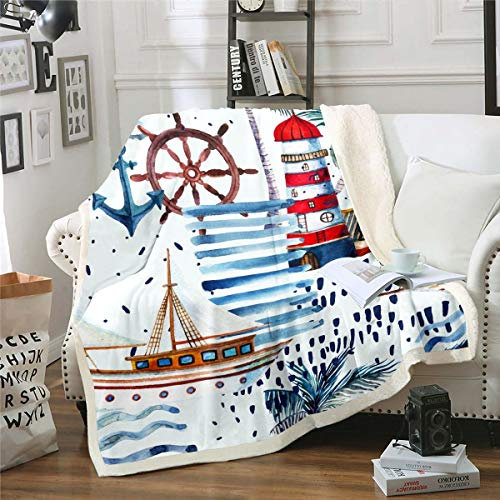 Loussiesd Nautical Decor Fleecedecke für Stuhl, Sofa, Couch, Segelboot, Anker, Ruder, Sherpa-Decke, Ozean-Thema, flauschige Decke, Palmblatt-Plüsch-Überwurf, Decke, Doppelbett, 152.4x200.7 cm