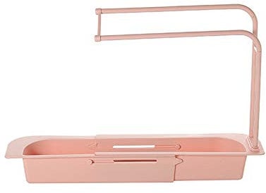 Estante de desagüe para fregadero de cocina, escurridor, escurridor, trapo, telescópico, para colgar cesta, color rosa