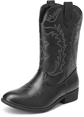 DREAM PAIRS Stivali da cowboy western per bambini, a metà polpaccio, scarpe da equitazione per bambini piccoli e grandi, Nero , 34 EU