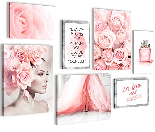 Novart Wandbilder Fashion Rosen - KOMPLETT AUFHÄNGFERTIG - mit Spruch Wohnzimmer Mädchen Teenager - 7 Moderne Mood-Bilder - N015871a