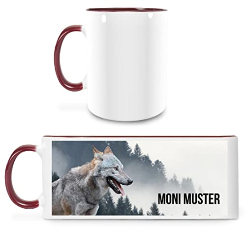 Manutextur Tasse mit Namen - personalisiert - Motiv Wolf - viele Farben & Motive - weiß/Marone - persönliches Geschenk mit Wunsch-Motiv und Wunsch-Name