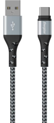 Energizer USB-A/USB-C Kabel, verstärkt, 2 m, Schwarz/silberfarben geflochten