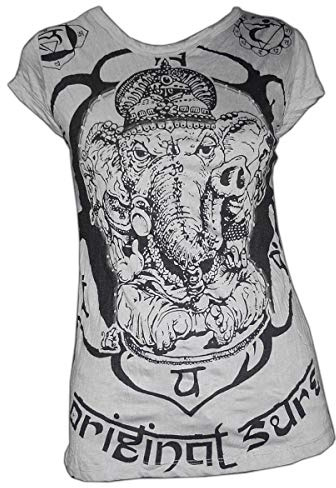 Sure Ganesh T-Shirt Damen aus Baumwolle - Vintage Shirt mit Elefantenmotiv | Großes Ganesha-Motiv, feine Baumwolle, kurzer Arm, grauer Vintage-Look, Bangkok Subculture Style, Größen S bis L