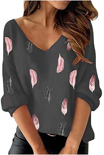 Masrin Trendige Oberteile Damen Lässiger Pullover mit Federdruck Tunika Tops mit V Ausschnitt und Langen Ärmeln Frühlings Fall Leicht Langarmshirts Lockere Bequeme Bluse