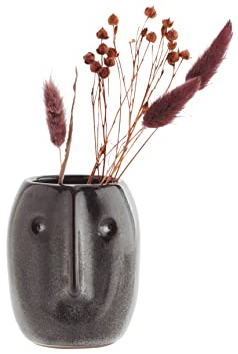 Madam Stoltz kleine Vase mit Gesicht-Prägung Steingut Skandi, Dunkelbraun, Grau, Höhe: 10 cm, Durchmesser: 8 cm, HY15321-10Y
