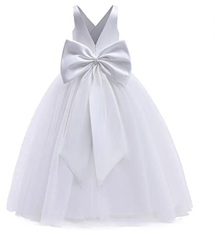 Flower Girl Dress Kids First Communion Dress Sleeveless V-Neck Mesh Tulle Tutu Princess A-line Puffy Wedding Junior Bridesmaid Evening Formal Party Pageant Birthday Prom Gown White 11-12 Years