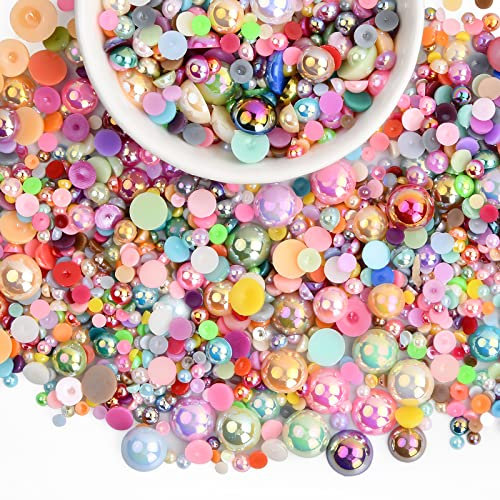 Xzeemo 2010 Pezzi Perline Colorate Piatte, Sfuse in Plastica, Brillanti Semicerchio, Perle d'Imitazione, a Fondo Piatto per Bigiotteria Scrapbooking Manicure Decor, 6 Taglie (D)