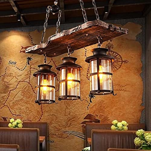FWX Pendelleuchte E27 Vintage Industrielle Café Loft Pendellampe schwarz Metall und Glas Holz Rustikal Kronleuchter Höhenverstellbar Für Geeignet Wohnzimmer Schlafzimmer Küche Lampe Esszimmer Hängelam