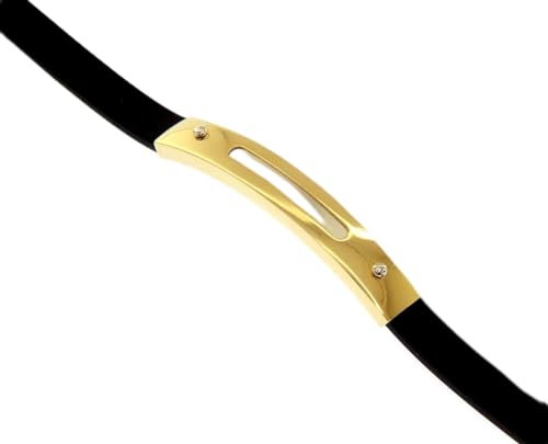 generico Armband aus Gelb- und Weißgold, 18 K, 750 und schwarzem Kautschuk, für Herren, mit rechteckiger Platte von 6 mm, bearbeitet, Länge 21 cm. Hergestellt in Italien., Goldfarben, Nicht