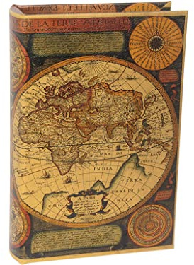 ROCKING GIFTS Buchsafe in Buchform mit Schlüssel, Modell Weltkarte, Braun, Zifferblätter, 24 x 16 x 5 cm