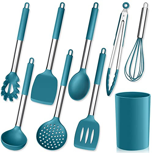 Herogo Juego de utensilios de cocina, 9 unidades, de silicona, con soporte para utensilios, color azul, espátula con mango de acero inoxidable, resistente al calor y antiadherente