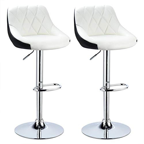 Drumm Chaises de Bar,Tabourets Hauts en PU Lot de 2,Hauteur Réglable,Rotatif sur 360°,Tabouret de Bar avec Dossier et Repose-Pieds,Pied Chromé（Blanc+Noir-2）