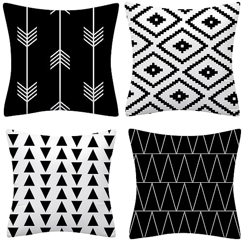 Kissenbezug 45x45 4er Set Schwarz Weiß Geometrisch Modern Weich Sofakissen Kissenhülle Deko Kissen Bezug Couchkissen Modern Dekokissen Kissenbezüge Zierkissen für Sofa Wohnzimmer Stuhl Bett