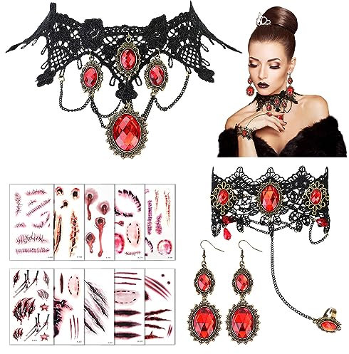DPKOW Vampir Schmuck Gothic Halloween Accessoires Damen Vampir Kette Gothic Ohrringe Armband Narben Tattoo Set für Gothic Kleidung Damen Karneval Halloween Vampir Kostüm Accessoires