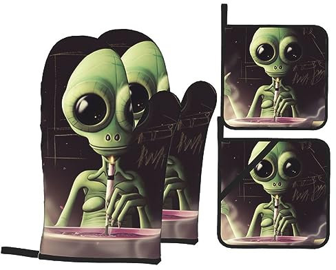 Alien Smoke Ofenhandschuhe und Topflappen, Set mit 4 hitzebeständigen Ofenhandschuhen, rutschfeste Topflappen zum Backen, Kochen, Küche, Grillen, BBQ